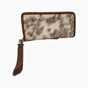 Real Cowhide Leather Zip Wallet Continental Hair on Skin Fur Brown Ladies Clutch